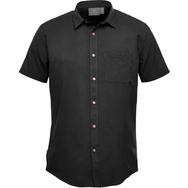 A black button-up shirt with short sleeves and a chest pocket, featuring a logo on the label.