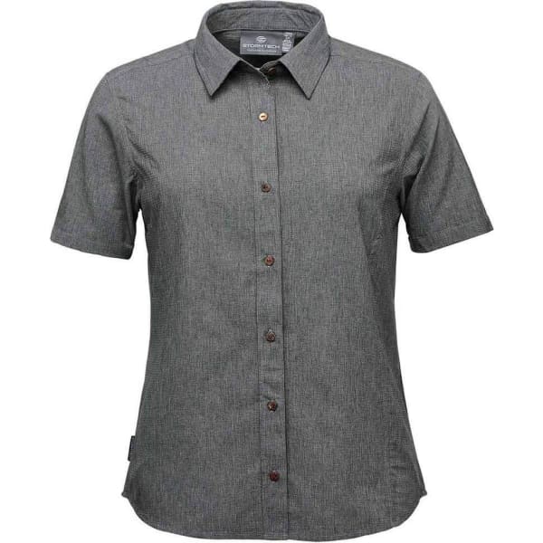 A short-sleeved button-up shirt in grey with a collar and brown buttons, featuring a logo on the label.