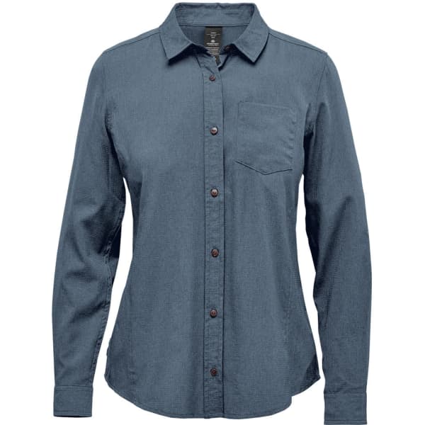 A women's long-sleeve button-up shirt in a blue-grey tone, featuring a single chest pocket and branded logo.