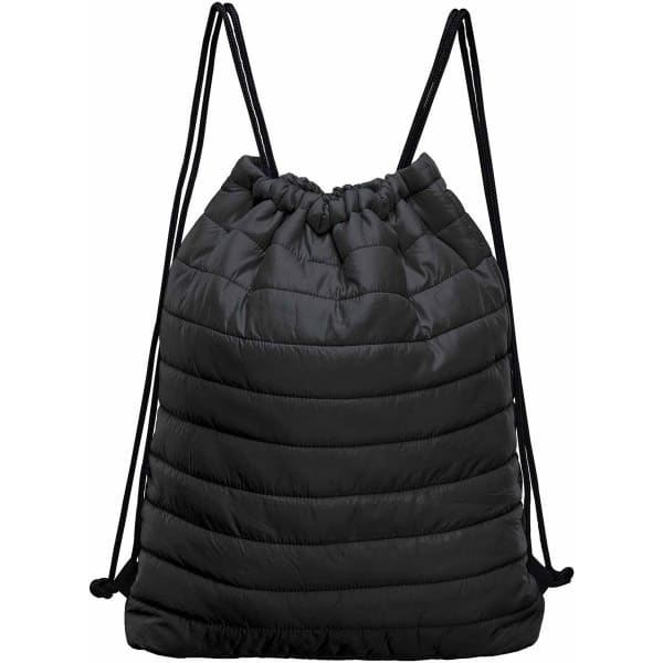 A drawstring bag in black with a quilted texture and adjustable black cords. Features a logo.