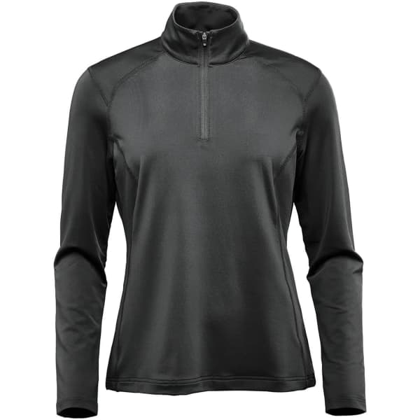 A women's long sleeve black jumper featuring a quarter zip and a logo on the chest.