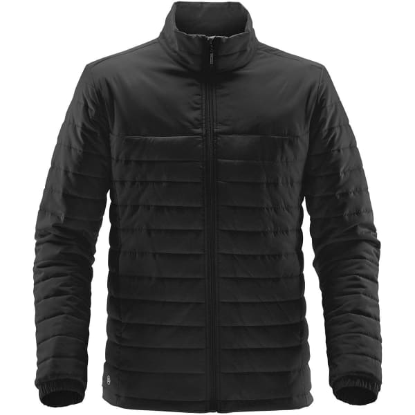 A black quilted jacket with a front zip, featuring a stand-up collar and textured panel design.