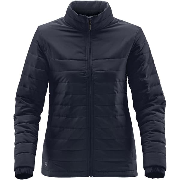 A dark navy women's quilted puffer jacket with a full zip and high collar, featuring a logo.