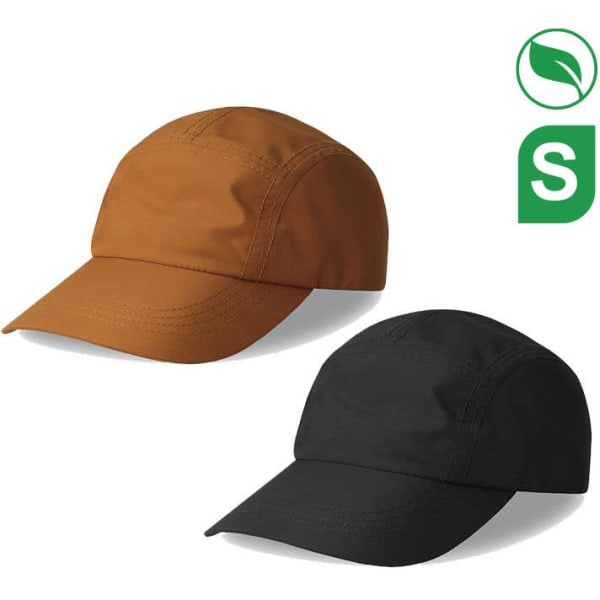 A brown and a black cap made from recycled polyester, featuring a logo.