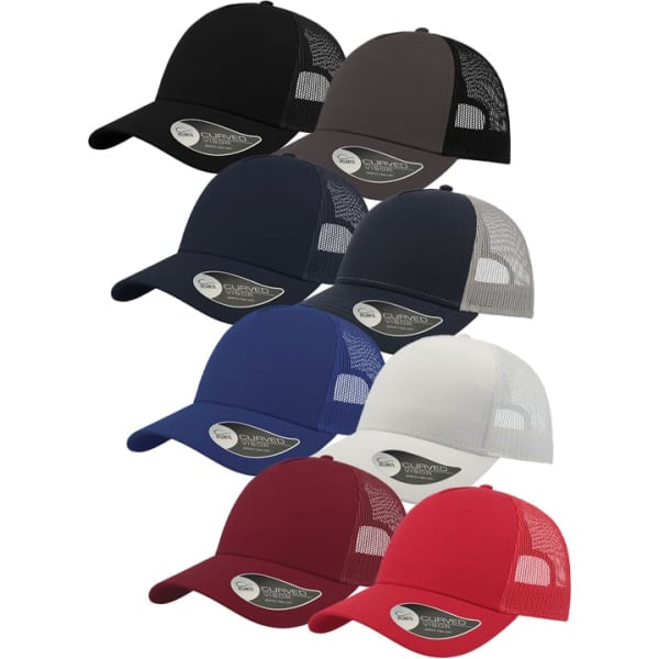 A collection of trucker caps in black, brown, navy, grey, red, white, and maroon, featuring mesh backs and a logo.