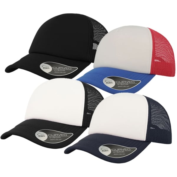 A collection of trucker caps in black, white, red, and blue, featuring mesh panels and logos.