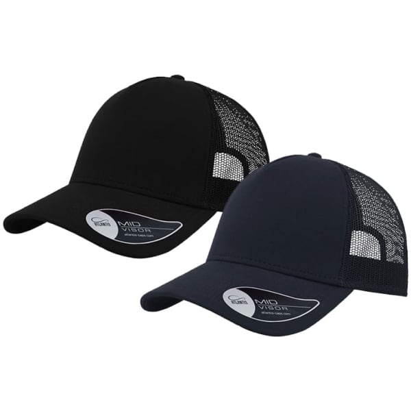 Two trucker caps in black and navy, featuring mesh panels and a logo on the side.