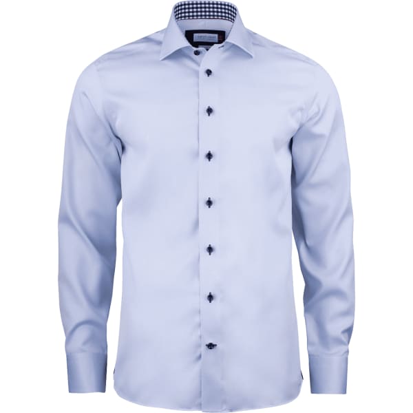 A light blue men's button-up shirt with a check pattern inside the collar and black buttons. It features a logo on the brand tag.