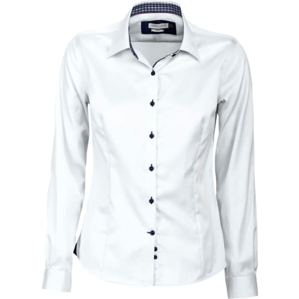 A white button-up shirt featuring a navy collar and buttons, with a checkered pattern inside the collar.