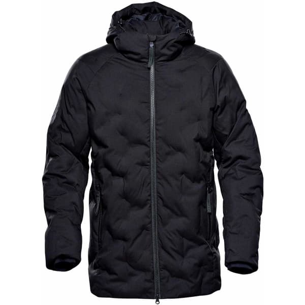 A black puffer jacket with a hood featuring a zip front and side pockets, including a logo on the jacket.