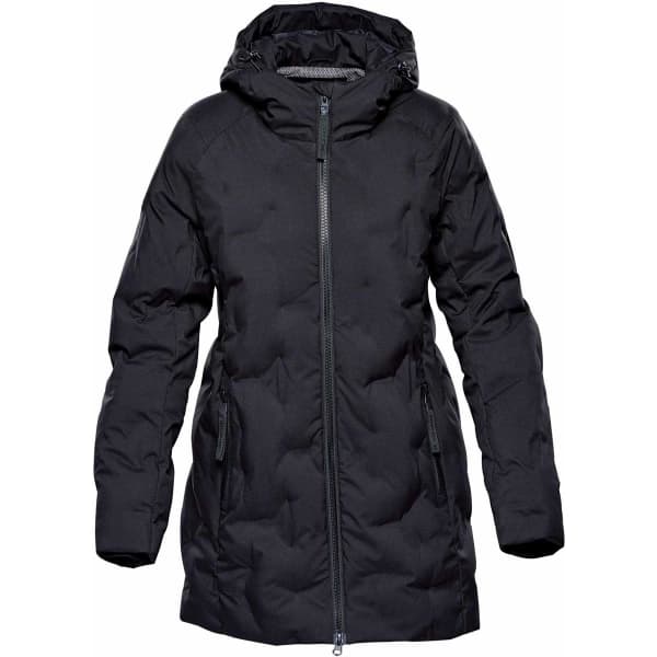 A black women's puffer jacket featuring a hood and zipped pockets, with an inner lining for warmth.