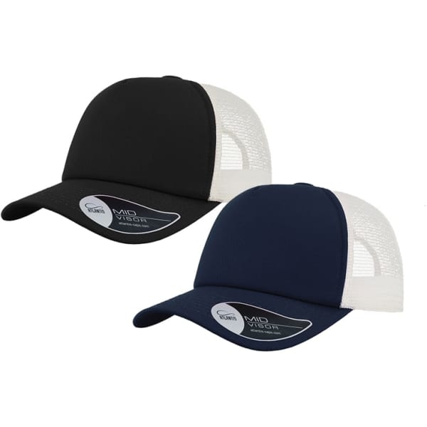 A trucker cap in black and navy blue, featuring a mesh back and a logo.