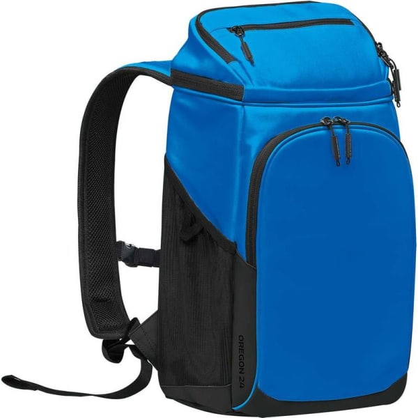 A blue cooler backpack featuring a main compartment with zippers and a mesh side pocket. Includes adjustable straps.