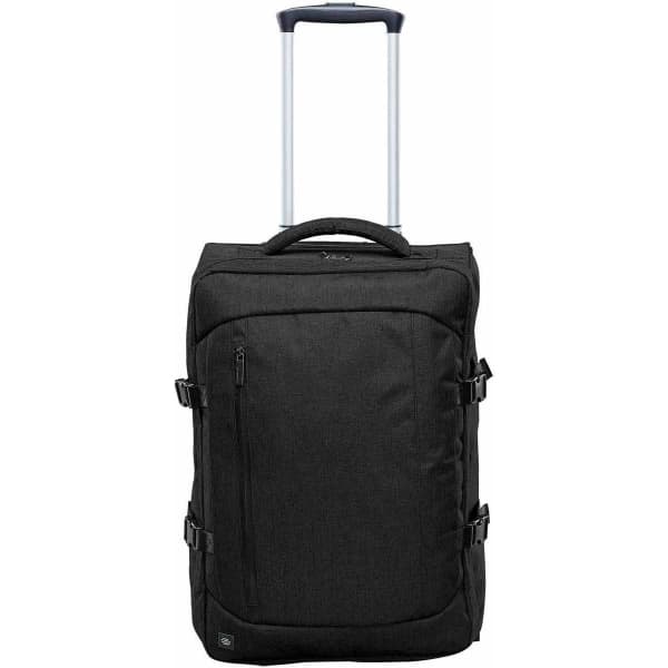 A black wheeled carry-on bag with a retractable handle and multiple zippers, featuring branding on the front.