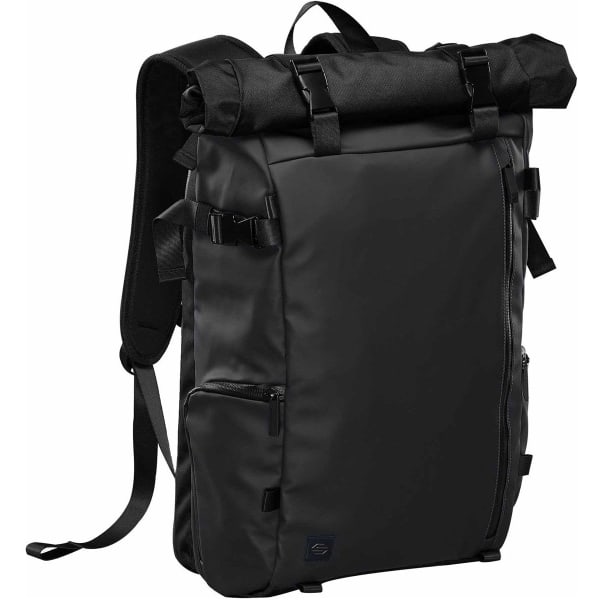 A black roll-top backpack with adjustable straps, featuring a sleek design and multiple compartments.