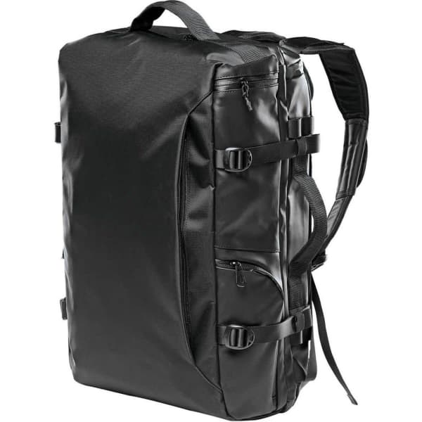 A black wheeled bag with multiple pockets and adjustable straps, featuring a logo on the front.