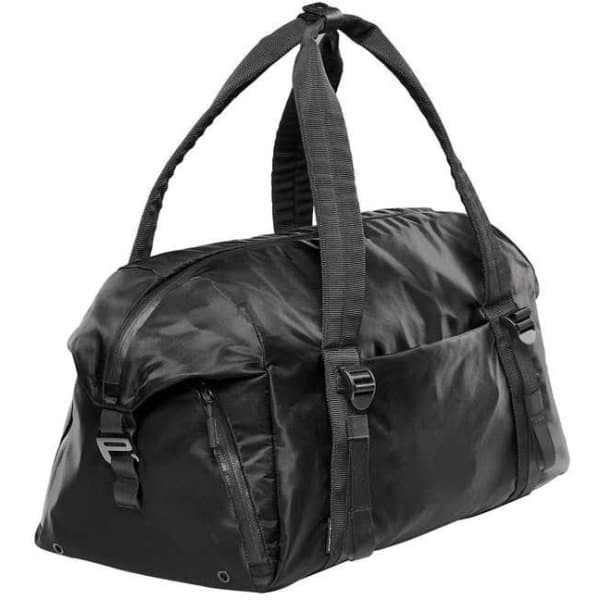 A black duffle bag with dual handles, zippers, and a sleek design. Features a logo on the front.