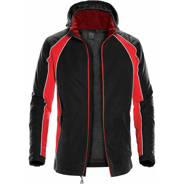 A black and red thermal shell jacket featuring a hood and a logo. Soft shell design with contrasting colour panels.