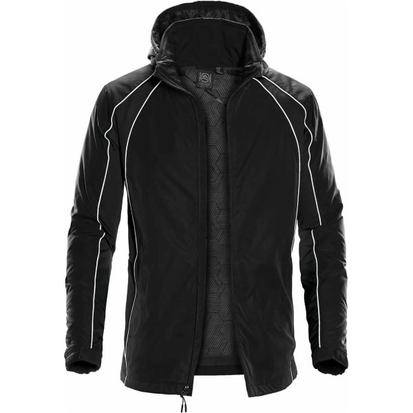 A black men's thermal shell jacket with a hood and white piping detailing, featuring a textured interior and a logo.