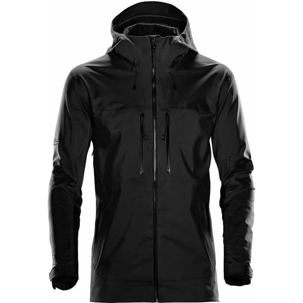 A black rain jacket with a hood, featuring zippered pockets and a sleek design. It includes a logo on the front.