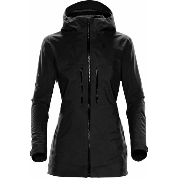 A black women's rain jacket with a hood, featuring zippered pockets and a sleek design. It has a brand logo.