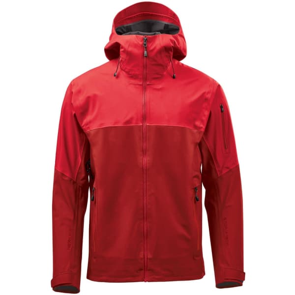 A red rain jacket featuring a zipper and a hood, with multiple zippered pockets and a logo.