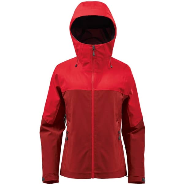 A red women's rain jacket with a hood, featuring a zip closure and a branded logo.