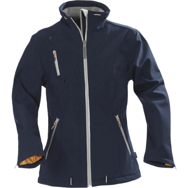 A navy soft shell women's jacket with grey accents and multiple zippered pockets. Features a branded logo.