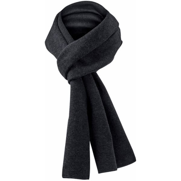 A dark grey knit scarf with a soft texture, featuring an elegant, folded design. It has a logo present.