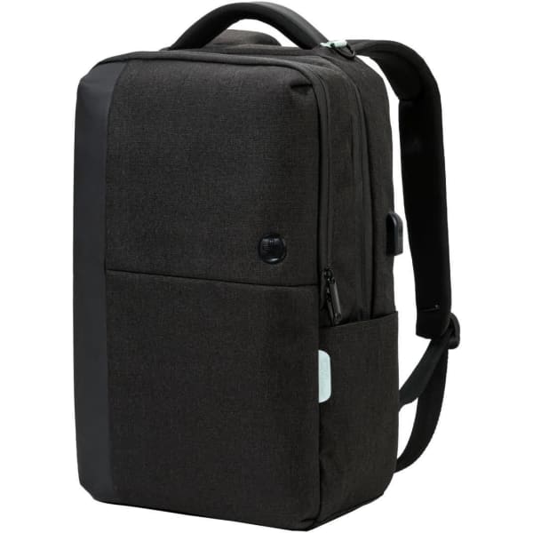 A black Swiss Digital Arosa Backpack with multiple compartments and a sleek design. It features a logo and adjustable straps.