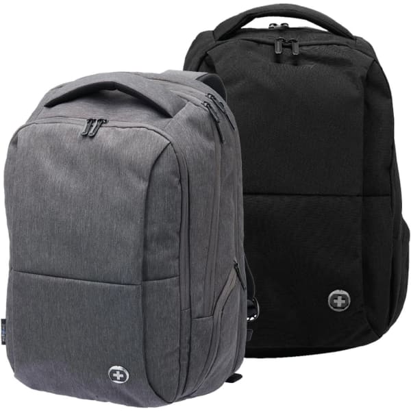 Two backpacks in grey and black, featuring a logo, with a sleek design and multiple compartments.