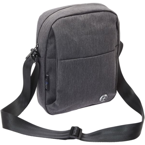 A grey shoulder bag with an adjustable strap, featuring a front pocket and a logo. Suitable for everyday use.