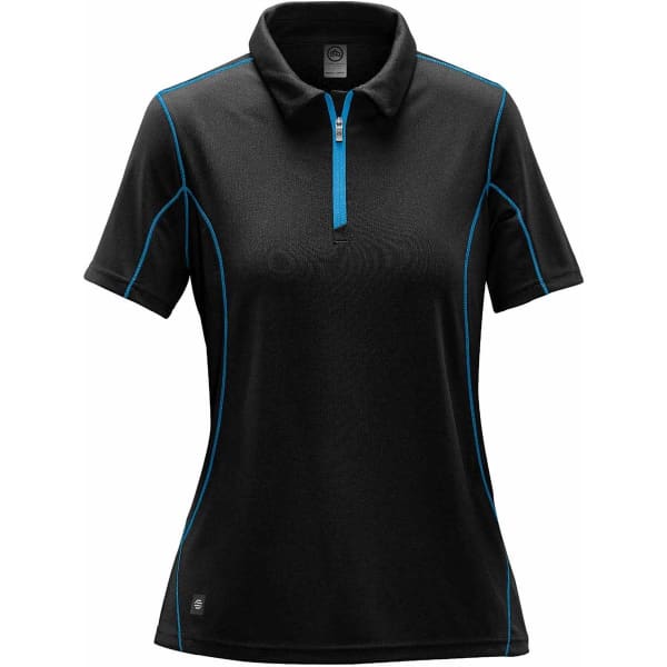 A Women's Pulse 1/4 Zip Polo in black with blue stitching and a collar, featuring a logo on the front.