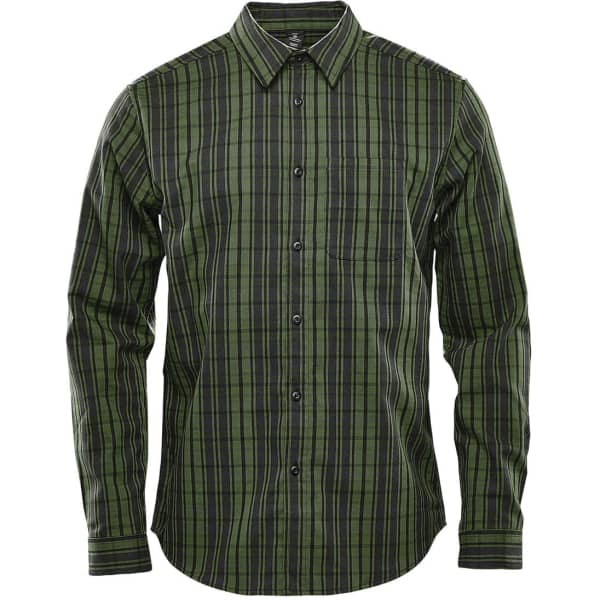 A green plaid long-sleeve button-up shirt with a chest pocket and a logo on the chest.