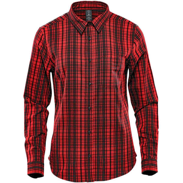A red and black plaid women's button-up shirt with long sleeves and a logo on the chest.
