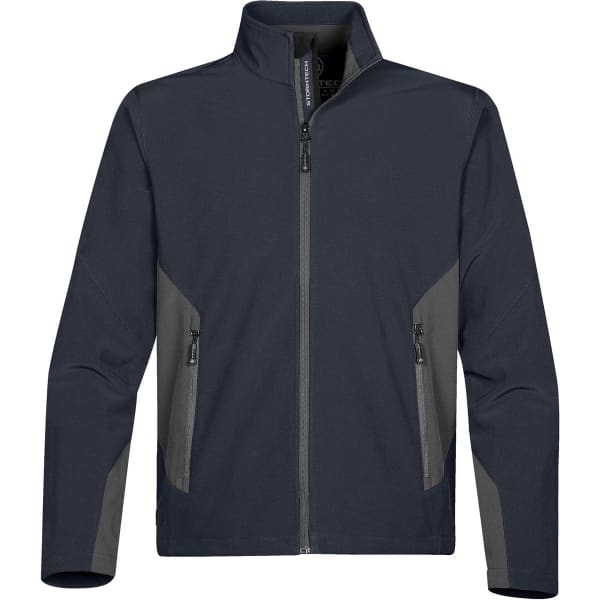 A dark grey softshell jacket with a high collar and zippered pockets, featuring contrasting grey accents.
