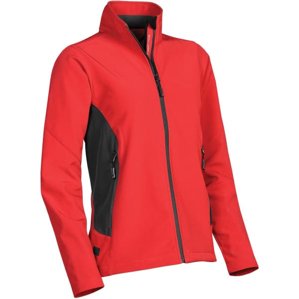 A softshell jacket in bright red with black accents, featuring zippered pockets and a high collar.