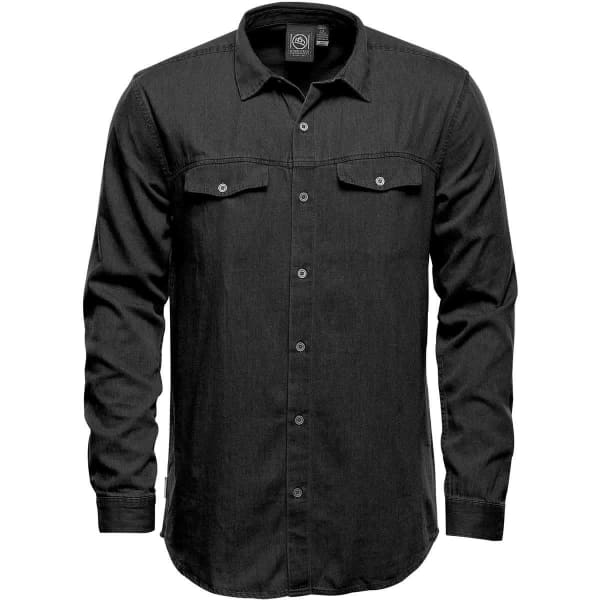 A black denim button-up shirt featuring long sleeves and two front pockets. The shirt has a logo on the inside collar.