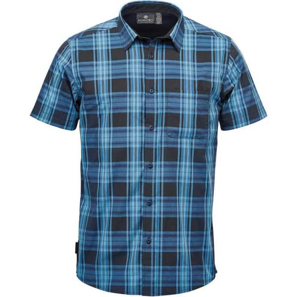 A short-sleeved button-up shirt in blue and black plaid with a chest pocket and a logo.
