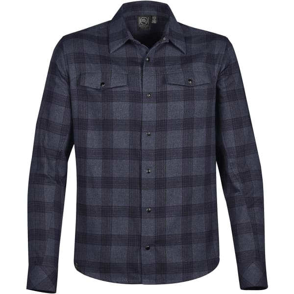 A grey and black checkered button-up shirt with a snap front and two chest pockets, featuring a logo.