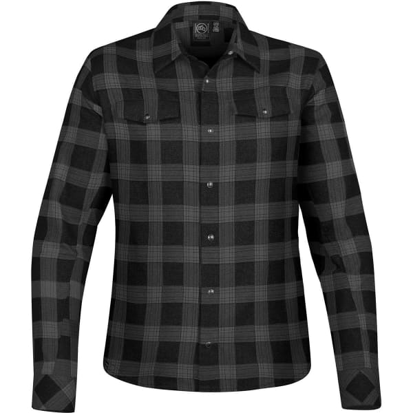 A black and grey checked button-up shirt featuring a snap front and two chest pockets, with a logo.