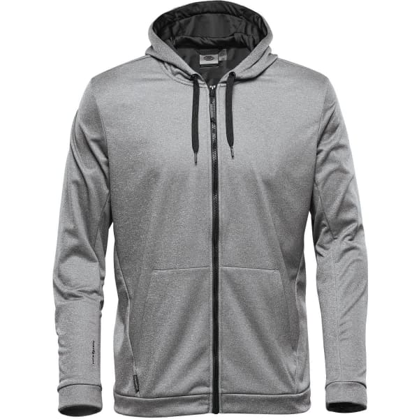 A grey men's hoodie with a zip front, adjustable hood, and black lining. It features a logo on the side.