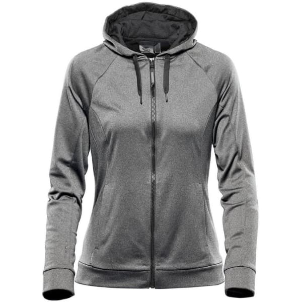 A women's hoodie in grey with a zip front and a hood, featuring a logo on the chest.