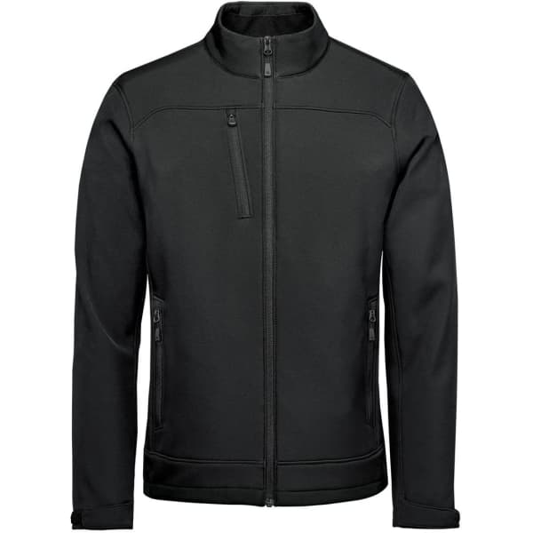 Men's Aleutian Softshell jacket in black, featuring a full zip and side pockets, with a zippered chest pocket and logo.