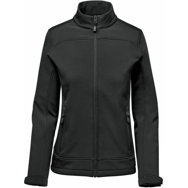 A black women's softshell jacket featuring a zip front, high collar, and zippered pockets. It has a subtle logo.