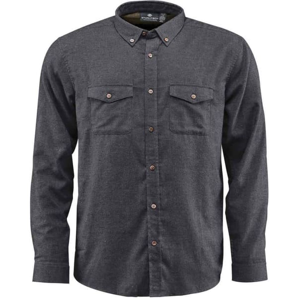 A men's long-sleeve button-up shirt in dark grey with two chest pockets and a collar. It features a logo.
