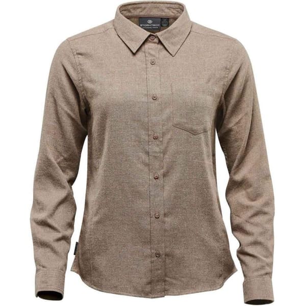 A long-sleeved brown button-up shirt with a collar and a chest pocket, featuring a logo.