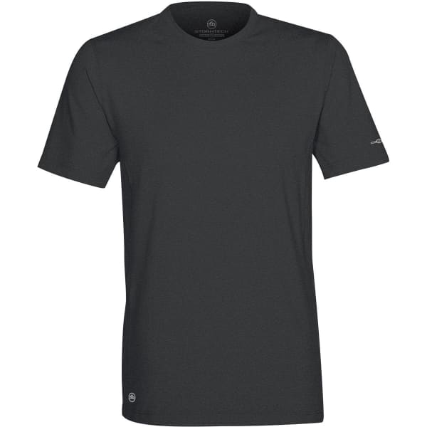 A short-sleeved men's t-shirt in dark grey with a logo on the sleeve.