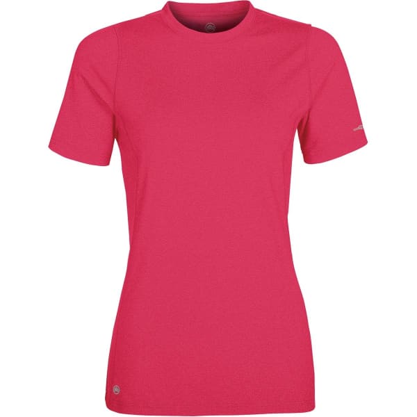 A women's short-sleeve t-shirt in vibrant pink, featuring a logo on the side.