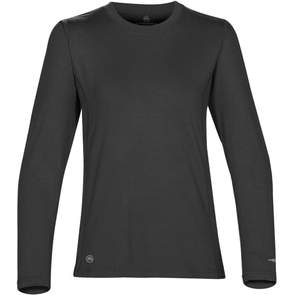 A long-sleeve women's tee in black, featuring a subtle logo. Smooth fabric with a classic fit.